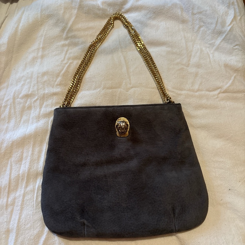 Gold-Chain Dark Grey Suede Bag